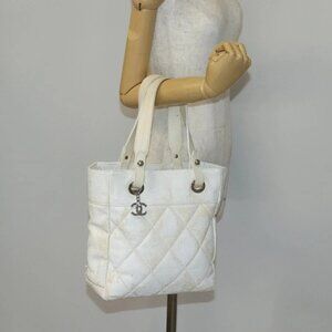 CHANEL Paris Biarritz MM Tote Bag Coated Canvas White Silver CC Auth
